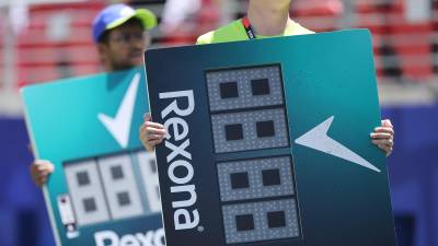 SANTA CLARA, CALIFORNIA - JUNE 13: Rexona substitution boards are seen during the FIFA World Cup 2026 Group B match between Qatar and Switzerland at San Francisco Bay Area Stadium on June 13, 2026 in Santa Clara, California. Alex Grimm/Getty Images/AFP (Photo by ALEX GRIMM / GETTY IMAGES NORTH AMERICA / Getty Images via AFP)